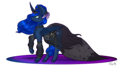 Size: 7000x3850 | Tagged: safe, artist:zombiecupcake101, princess luna, alicorn, pony, absurd resolution, clothes, curved horn, dress, raised hoof, simple background, solo, transparent background