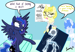 Size: 3869x2673 | Tagged: safe, artist:darkest-lunar-flower, princess luna, alicorn, pony, unicorn, blue pearl (steven universe), bone, crossover, dark shadows, doctor, facehoof, female, johnny depp, mare, nurse, on the moon for too long, ponified, skeleton, spread wings, steven universe, unamused, x-ray, x-ray picture, yellow pearl (steven universe)