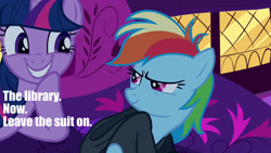 Size: 1280x720 | Tagged: safe, edit, edited screencap, screencap, rainbow dash, twilight sparkle, pegasus, pony, read it and weep, caption, out of context, text