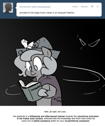 Size: 666x795 | Tagged: safe, artist:egophiliac, princess luna, oc, oc:pebbl, alicorn, pony, book, cartographer's cap, cave, filly, grayscale, hat, marauder's mantle, monochrome, moon roc, moonstuck, shadow, thesaurus, woona, younger