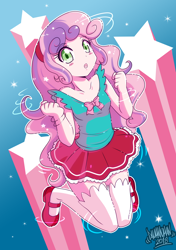 Size: 2806x3980 | Tagged: safe, artist:danmakuman, sweetie belle, equestria girls, clothes, cute, diasweetes, hairband, long socks, looking at you, mary janes, miniskirt, shirt, shoes, skirt, socks, solo, stockings, thigh highs