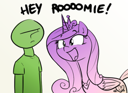 Size: 514x375 | Tagged: safe, artist:shoutingisfun, princess cadance, oc, oc:anon, alicorn, human, pony, dialogue, female, hi anon, male, mare, open mouth, simple background, white background