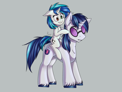 Size: 1024x768 | Tagged: safe, artist:magicstarfriends, dj pon-3, shining armor, vinyl scratch, pony, unicorn, brother and sister, cousins, female, headcanon, heterochromia, male, ponies riding ponies, siblings, vinyl's glasses, younger