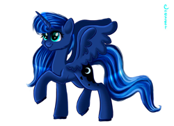 Size: 900x653 | Tagged: safe, artist:demiom, princess luna, alicorn, pony, raised hoof, simple background, solo, spread wings