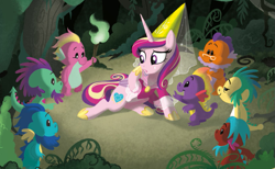 Size: 837x515 | Tagged: safe, artist:amy mebberson, princess cadance, alicorn, dragon, pony, crossover, good night baby flurry heart, parody, snow white, spyro the dragon