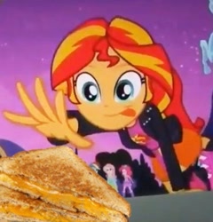 Size: 371x386 | Tagged: safe, edit, edited screencap, screencap, fluttershy, pinkie pie, sunset shimmer, equestria girls, equestria girls (movie), cropped, food, grilled cheese, meme, sandwich, solo, solo focus, sunset shimmer reaching for things, tongue out