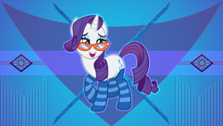 Size: 5120x2880 | Tagged: safe, artist:laszlvfx, edit, rarity, pony, unicorn, clothes, female, glasses, mare, open mouth, smiling, socks, solo, stockings, striped socks, thigh highs, wallpaper, wallpaper edit
