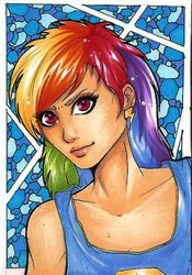 Size: 218x312 | Tagged: safe, artist:forunth, rainbow dash, clothes, female, humanized, multicolored hair, simple background