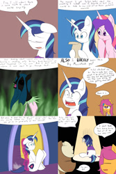 Size: 1600x2400 | Tagged: safe, artist:jake heritagu, princess cadance, queen chrysalis, scootaloo, shining armor, oc, oc:sandy hooves, alicorn, changeling, changeling queen, pony, unicorn, comic:ask motherly scootaloo, cast, comic, hairpin, letter, motherly scootaloo, overprotective armor, spotlight, sweatshirt