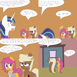 Size: 1600x1600 | Tagged: safe, artist:jake heritagu, scootaloo, shining armor, oc, oc:sandy hooves, pony, unicorn, comic:ask motherly scootaloo, cast, comic, hairpin, motherly scootaloo, sweatshirt