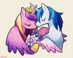 Size: 800x640 | Tagged: safe, artist:awbtksbt, princess cadance, princess flurry heart, shining armor, alicorn, pony, unicorn, boop, cute, eyes closed, family, female, filly, flurrybetes, male, mare, pixiv, shiningcadance, shipping, simple background, spread wings, stallion, straight, white background, wings