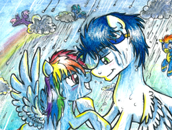 Size: 900x683 | Tagged: safe, artist:ladydekaro, rainbow dash, soarin', spitfire, pegasus, pony, blushing, female, male, rain, romantic, shipping, soarindash, straight