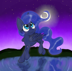 Size: 1434x1406 | Tagged: safe, artist:springveil, princess luna, alicorn, pony, crescent moon, flying, moon, night, solo