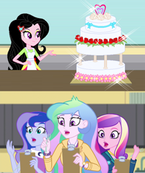 Size: 640x761 | Tagged: safe, artist:karalovely, edit, dean cadance, princess cadance, princess celestia, princess luna, principal celestia, vice principal luna, oc, oc:kara lovely, acadeca, equestria girls, friendship games, apron, cake, clothes, female, food, open mouth, royal sisters, sisters