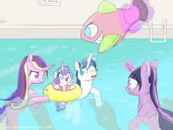 Size: 1280x960 | Tagged: safe, artist:halflingpony, princess cadance, princess flurry heart, shining armor, twilight sparkle, alicorn, fish, pony, unicorn, family, inflatable, inner tube, ladder, magic, newbie artist training grounds, playing, pool toy, swimming, swimming pool, water wings, wet mane