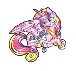 Size: 1024x960 | Tagged: safe, artist:twixyamber, princess cadance, princess flurry heart, alicorn, pony, female, mama cadence, mother and child, mother and daughter, parent and child, prone, traditional art