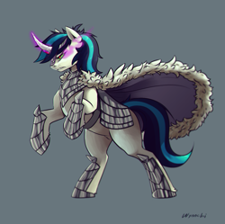 Size: 1436x1428 | Tagged: safe, artist:wynnchi, shining armor, pony, unicorn, armor, curved horn, dark magic, magic, male, possessed, rearing, simple background, solo, sombra eyes, stallion
