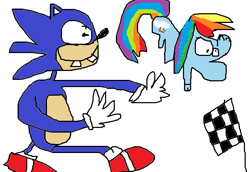 Size: 697x480 | Tagged: safe, artist:ilikepronyz, rainbow dash, pegasus, pony, crossover, gotta go fast, racing, sanic, sonic the hedgehog, sonic the hedgehog (series), stylistic suck, wat, wtf