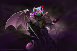 Size: 1920x1280 | Tagged: safe, artist:zoarvek, princess flurry heart, shining armor, alicorn, bat pony, bat pony alicorn, pony, unicorn, armor, atg 2017, bad end, bat wings, clothes, corrupted, crossover, dishonored, emily kaldwin, evil, evil flurry heart, female, male, mare, newbie artist training grounds, older, open mouth, petrification, sombra eyes, sombra horn, stallion, statue