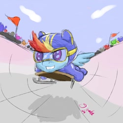 Size: 1000x1000 | Tagged: safe, artist:osakaoji, rainbow dash, pegasus, pony, blue coat, bobsled, female, mare, multicolored mane, solo