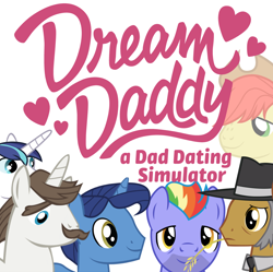 Size: 1440x1435 | Tagged: safe, bow hothoof, bright mac, hondo flanks, igneous rock pie, night light, shining armor, earth pony, pegasus, pony, unicorn, dating sim, dream daddy, heart, logo, male, simple background, stallion, vector, video game, white background