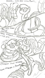 Size: 348x598 | Tagged: safe, artist:jockbock, rainbow dash, pegasus, pony, snake, coils, comic, female, fetish, imminent vore, kaa, mare, mind control, monochrome, peril, sketch