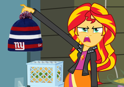 Size: 800x567 | Tagged: safe, sunset shimmer, equestria girls, american football, exploitable meme, giants, hat, meme, new york giants, nfl, solo, sunset is disgusted