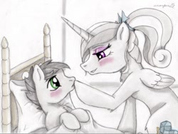 Size: 1024x772 | Tagged: safe, artist:anonpencil, princess cadance, alicorn, earth pony, pony, anonymous, bed, ponified