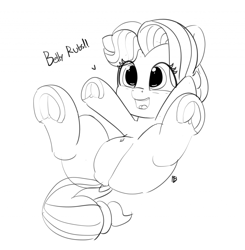Size: 1280x1308 | Tagged: safe, artist:pabbley, coconut cream, earth pony, pony, fame and misfortune, 30 minute art challenge, belly button, cute, dock, female, filly, frog (hoof), hoofbutt, lineart, monochrome, on back, open mouth, pabbley is trying to murder us, solo, solo female, speech, underhoof