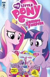 Size: 932x1414 | Tagged: safe, artist:tonyfleecs, idw, princess cadance, twilight sparkle, twilight sparkle (alicorn), alicorn, pony, friends forever, spoiler:comic, spoiler:comicff30, best pony, brushable, comic, cover, disappointed, disapproval, female, hoof hold, kung fu grip, mare, meta, sad, smiling, toy