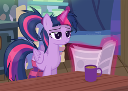 Size: 2968x2118 | Tagged: safe, artist:shutterflyeqd, twilight sparkle, twilight sparkle (alicorn), alicorn, pony, bed mane, clothes, coffee, female, glowing horn, magic, messy mane, morning ponies, mug, newspaper, show accurate, smiling, socks, solo, stockings, striped socks, telekinesis, thigh highs