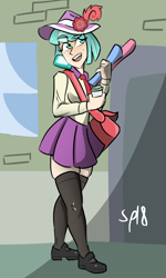 Size: 1200x2000 | Tagged: safe, artist:speedminty, coco pommel, human, clothes, cute, hat, humanized, mary janes, pleated skirt, purse, shirt, shoes, skirt, socks, solo, stockings, thigh highs