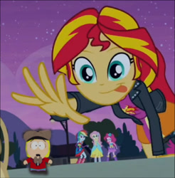 Size: 590x599 | Tagged: safe, screencap, fluttershy, pinkie pie, rainbow dash, sunset shimmer, equestria girls, boots, exploitable, fall formal outfits, high heel boots, pip, pip pirrup, south park, sunset shimmer reaching for things, tongue out