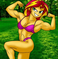 Size: 780x800 | Tagged: safe, artist:kensingshow, sunset shimmer, equestria girls, armpits, bikini, clothes, muscles, pose, solo, sunset lifter, swimsuit