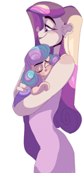 Size: 1600x3300 | Tagged: safe, artist:mili-kat, princess cadance, princess flurry heart, human, eyes closed, female, freckles, hug, humanized, mama cadence, mother and child, mother and daughter, parent and child, sleeping