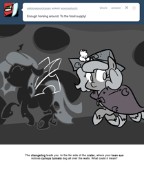 Size: 666x795 | Tagged: safe, artist:egophiliac, princess luna, oc, oc:imogen, oc:pebbl, alicorn, changeling, changeling queen, pony, bipedal, cartographer's cap, changeling oc, changeling queen oc, female, filly, grayscale, hat, marauder's mantle, monochrome, moon roc, moonstuck, walking, woona, younger