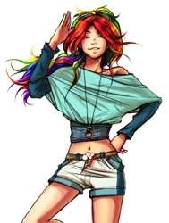 Size: 604x800 | Tagged: safe, artist:yanabau, rainbow dash, belly button, humanized, midriff, solo, stopwatch