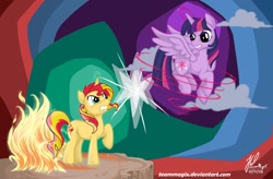 Size: 1024x670 | Tagged: safe, artist:teammagix, sunset shimmer, twilight sparkle, twilight sparkle (alicorn), alicorn, pony, unicorn, fiery shimmer, fight, fire, magic, pyromancy