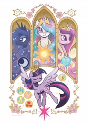 Size: 2550x3600 | Tagged: safe, artist:brendahickey, princess cadance, princess celestia, princess luna, twilight sparkle, twilight sparkle (alicorn), alicorn, pony, alicorn tetrarchy, art is magic, cutie mark, female, mare, royal sisters