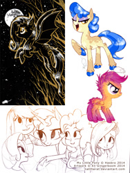 Size: 600x800 | Tagged: safe, artist:nattherat, fluttershy, pinkie pie, rainbow dash, rarity, sapphire shores, scootaloo, sunset shimmer, bat pony, pony, bats!, equestria girls, flutterbat, moon, night, race swap, redesign, sketch dump, tree