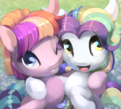 Size: 717x645 | Tagged: safe, artist:bakuel, coconut cream, toola roola, earth pony, pony, fame and misfortune, duo, duo female, female, filly, friends, hug, lineless, looking at you, smiling