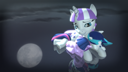 Size: 1920x1080 | Tagged: safe, artist:love-mist, shining armor, twilight sparkle, twilight velvet, pony, unicorn, 3d, cute, daaaaaaaaaaaw, female, full moon, male, moon, mother and child, mother and daughter, mother and son, parent and child, poster, reflection, sleep pile, source filmmaker