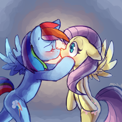 Size: 994x993 | Tagged: safe, artist:mewball, fluttershy, rainbow dash, pegasus, pony, blushing, female, flutterdash, kissing, lesbian, shipping