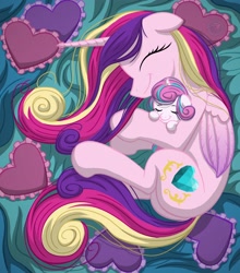 Size: 2500x2840 | Tagged: safe, artist:template93, princess cadance, princess flurry heart, alicorn, pony, :t, blanket, cuddling, cute, cutedance, eyes closed, female, filly, floppy ears, flurrybetes, hug, mama cadence, mare, messy mane, mother and child, mother and daughter, on side, parent and child, pillow, plot, smiling, snuggling