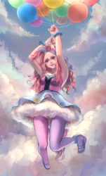 Size: 1081x1785 | Tagged: safe, artist:yikelizi905, pinkie pie, human, armpits, balloon, clothes, eared humanization, floating, humanized, rainbow power, stockings, then watch her balloons lift her up to the sky, thigh highs