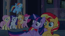 Size: 1023x573 | Tagged: safe, applejack, fluttershy, pinkie pie, rainbow dash, rarity, sunset shimmer, twilight sparkle, twilight sparkle (alicorn), alicorn, pony, equestria girls, equestria girls (movie), mane six