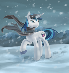 Size: 800x850 | Tagged: safe, artist:aurarrius, shining armor, pony, unicorn, the crystal empire, clothes, male, raised hoof, scarf, snow, snow goggles, solo, stallion