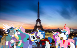 Size: 1578x988 | Tagged: safe, artist:disneymarvel96, fancypants, king sombra, princess cadance, princess celestia, rarity, shining armor, pony, unicorn, celestibra, female, irl, male, paris, photo, ponies in real life, raripants, shiningcadance, shipping, straight