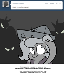 Size: 666x795 | Tagged: safe, artist:egophiliac, princess luna, oc, oc:pebbl, alicorn, changeling, pony, cartographer's cap, cartographer's hastily-improvised roc-holding mechanism, filly, grayscale, hat, hiding, marauder's mantle, monochrome, moon roc, moonstuck, scared, woona, younger