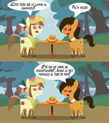 Size: 1280x1440 | Tagged: safe, artist:archooves, oc, oc:chilenia, oc:tailcoatl, earth pony, pegasus, pony, avocado, chile, dialogue, food, guacamole, mexico, nation ponies, pointy ponies, ponified, spanish, translation request